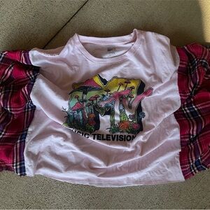 MTV Tee with Pink and Red Plaid Flannel Sleeves